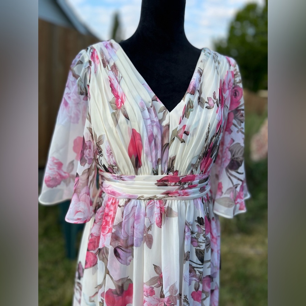 Adrianna papell flutter sleeve chiffon maxi dress floral evening gown - Picture 12 of 14